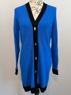 White House Black Market Blue Ribbed Cardigan with Black Trim